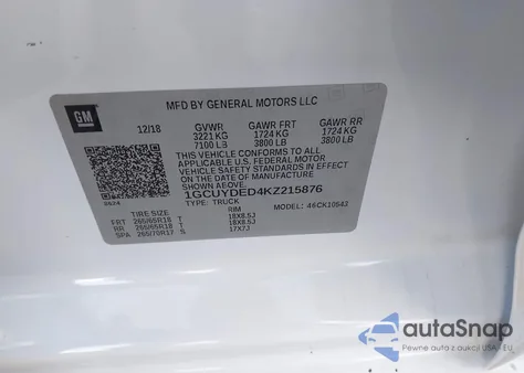 2019 Chevrolet Silverado 1500 Lt z USA, uszkodzony, nr VIN 1GCUYDED4KZ215876